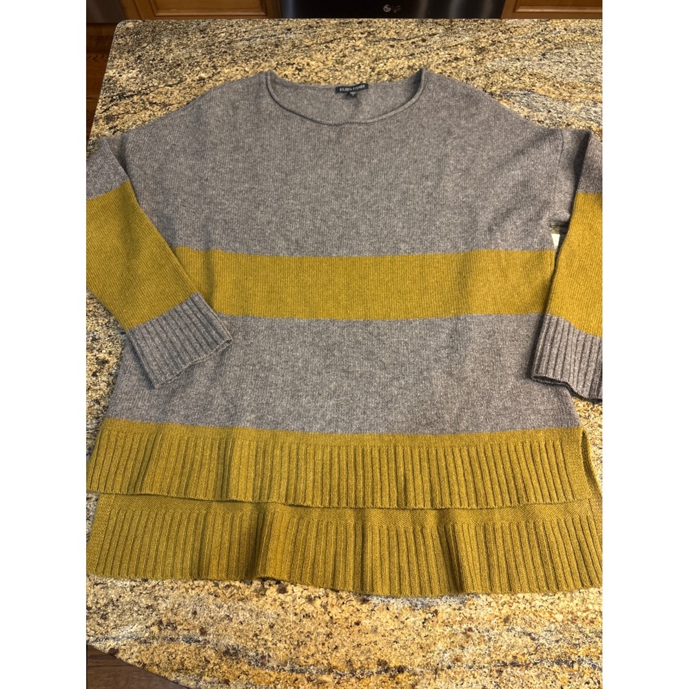 Eileen Fisher Yak Wool Striped Oversized Sweater Grey Yellow Small Split Hem